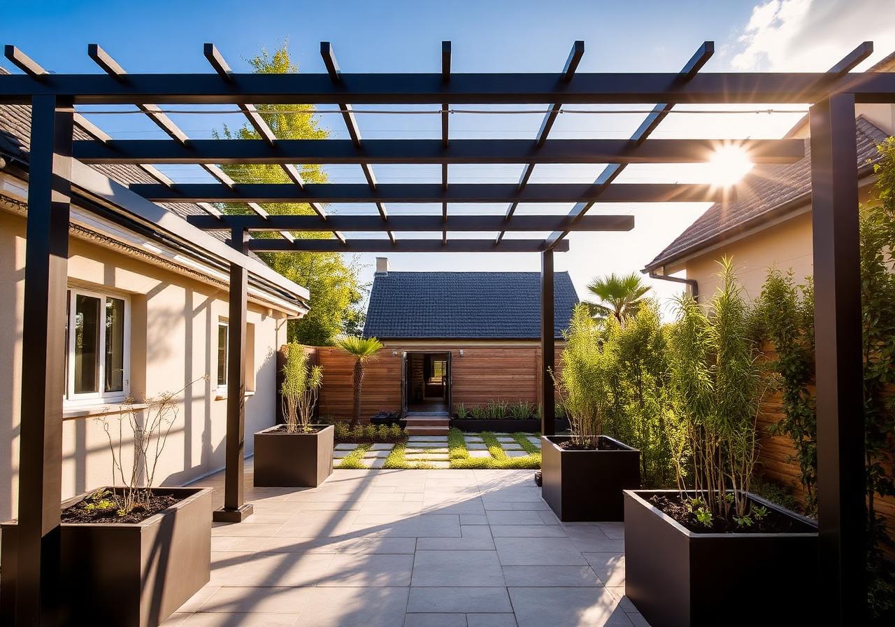 Schwarze Stahlpergola über einer Terrasse